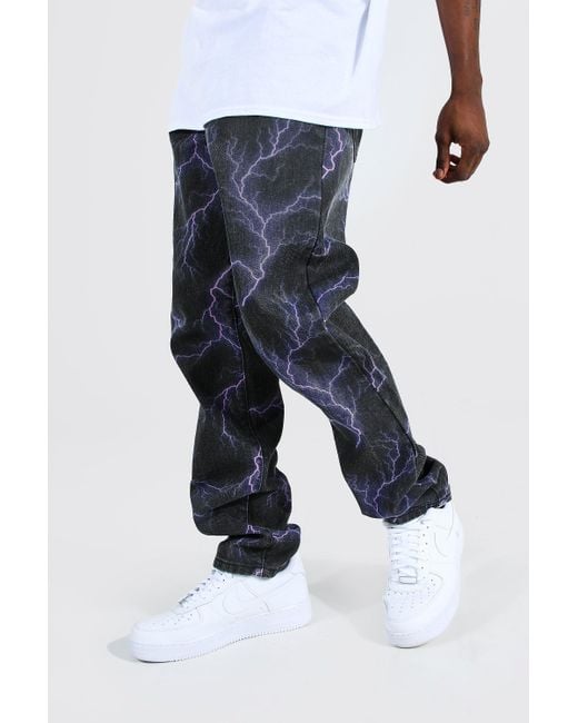 BoohooMAN Purple Relaxed Fit Lightning Printed Jeans for men