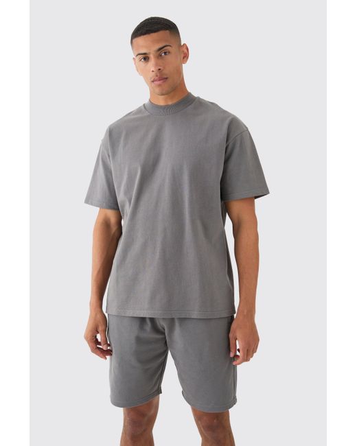 BoohooMAN Gray Oversized Super Heavyweight Jersey T-shirt & Shorts Set for men