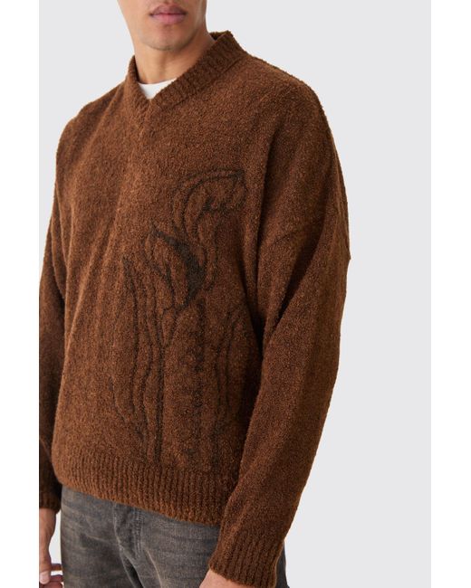 BoohooMAN Brown Boxy V Neck Boucle Textured Knit Jumper for men