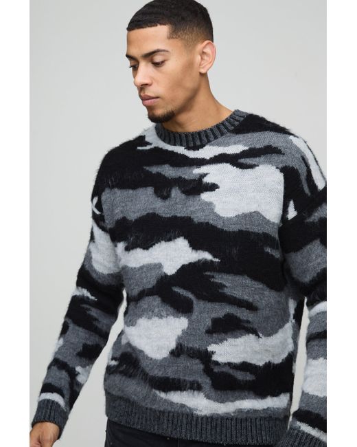 BoohooMAN Gray Oversized Dropped Shoulder Camo Brushed Knit Sweater for men