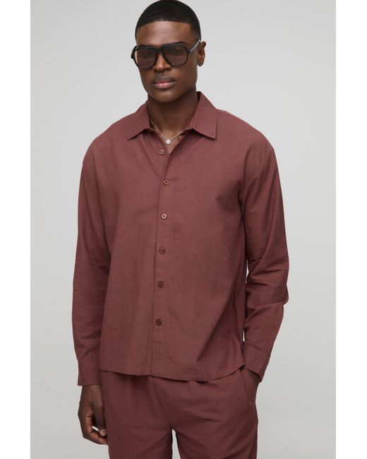 BoohooMAN Langärmliges Oversize Leinen-Hemd mit Kragen in Red für Herren