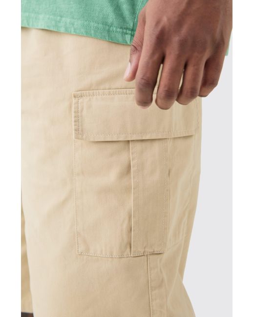 BoohooMAN Plus Elastic Waist Stone Relaxed Fit Longer Length Cargo Shorts in Natural für Herren