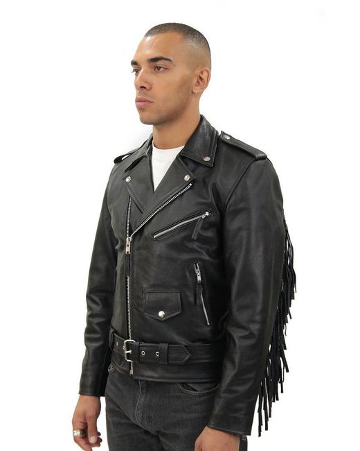 BoohooMAN Black Infinity Leather Fringe Hide Leather Biker Jacket- Tokyo for men