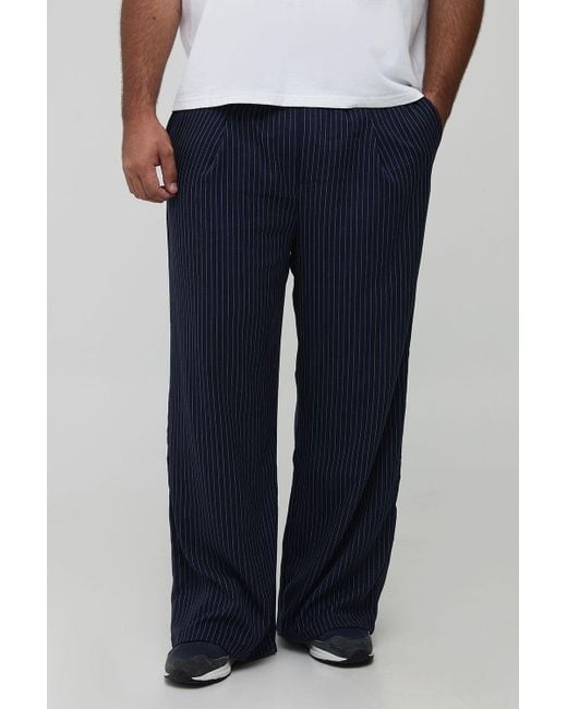 BoohooMAN Men's Blue Plus Pleat Front Wide Leg Pinstripe Pants