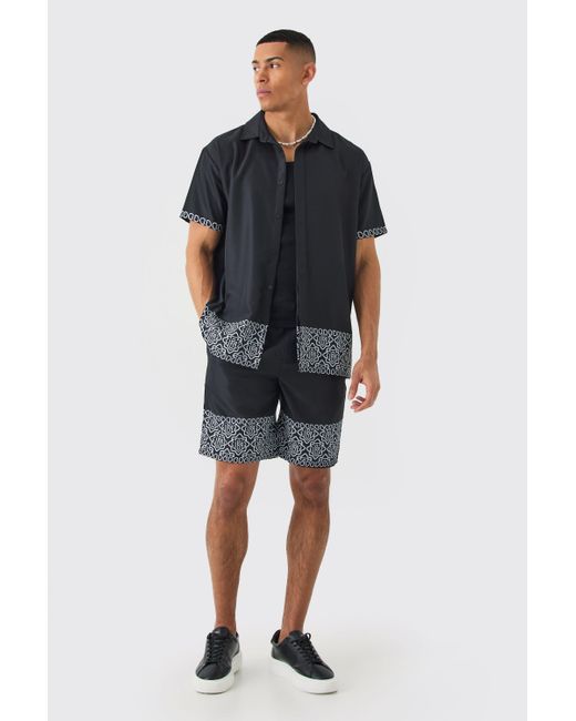 BoohooMAN Blue Oversized Soft Twill Printed Hem Shirt And Short for men