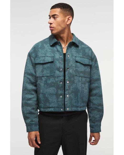 BoohooMAN Green Cracked Faux Suede Boxy Harrington Jacket for men