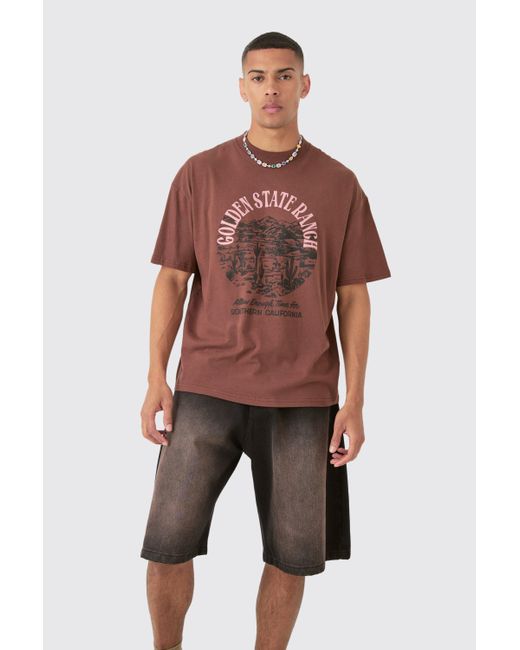 BoohooMAN Brown Oversized Washed Golden State Ranch T-shirt for men