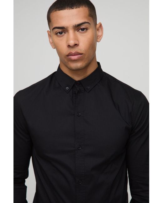 BoohooMAN Langärmliges Slim-Fit Basic Hemd mit Kragen in Blue für Herren