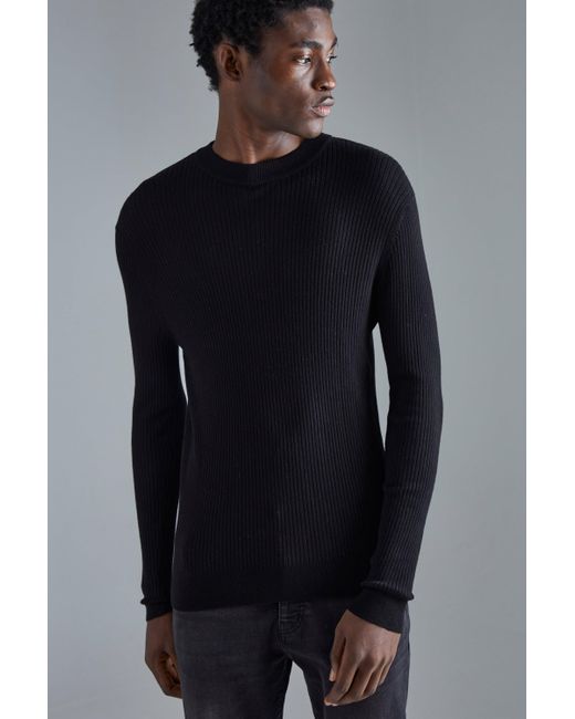 BoohooMAN Blue Muscle Fit Ribbed Extended Neck Jumper for men