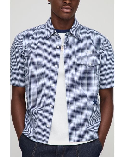 Boohoo Blue Oversized Pocket Detail Micro Plaid Boxy Shirt for men