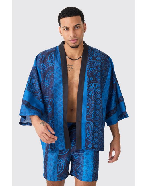 Boohoo Blue Oversized Printed Kimono Shirt And Swim Short Set