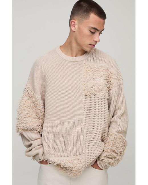 BoohooMAN Natural Oversized Textured Multi Patch Knitted Sweater for men