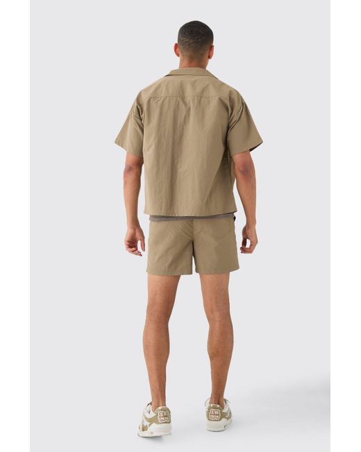 BoohooMAN Natural Crinkle Nylon Pocket Shirt & Short Set for men