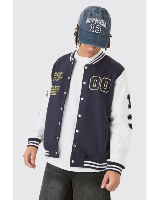 BoohooMAN Blue Jersey Varsity Bomber Jacket With Badges for men