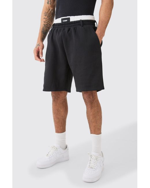 BoohooMAN Black Relaxed Double Waistband Short for men