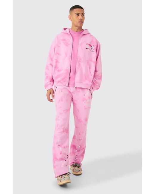 BoohooMAN Pink Oversized Washed Paint Splatter Zip Thru Tracksuit for men