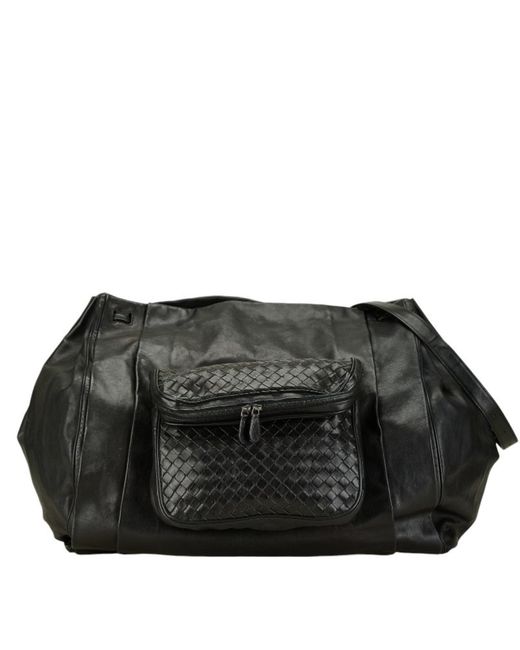 BoohooMAN Bottega Veneta Preloved Intrecciato Leather Overnight Bag Unisex - Black Travel Bags for men