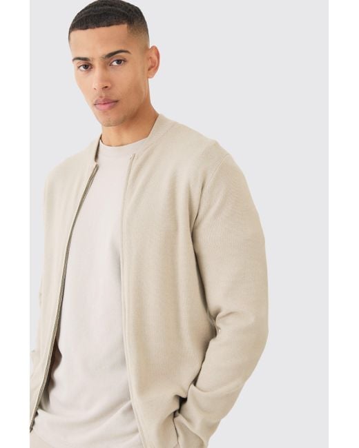BoohooMAN Natural Regular Fit Knitted Bomber for men