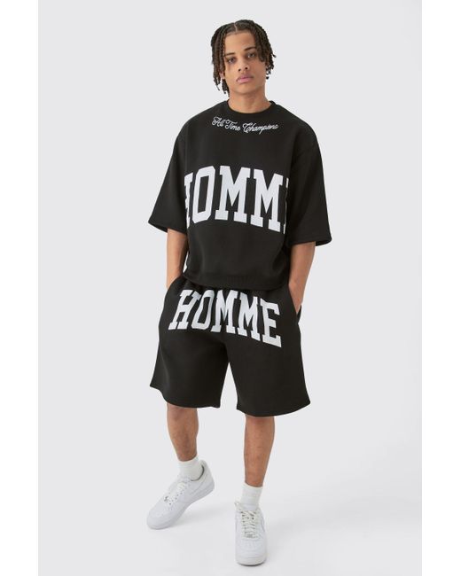 BoohooMAN Black Overzied Boxy Half Sleeve Sweatshirt Tracksuit for men