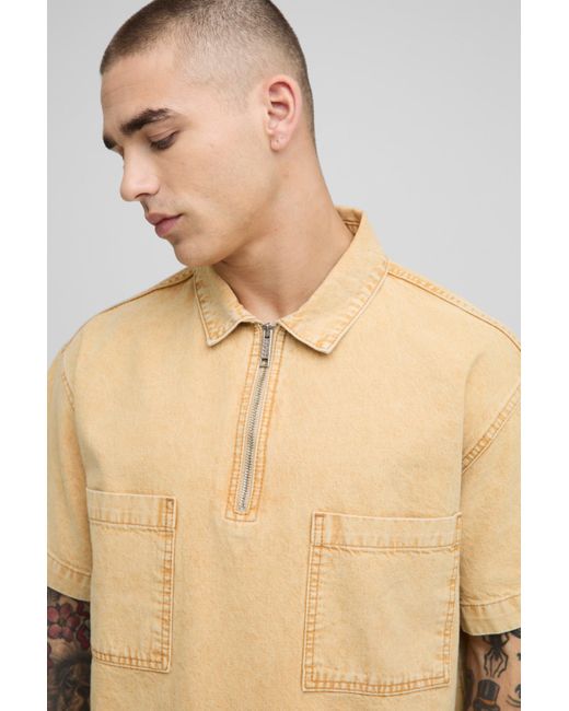 BoohooMAN Kurzärmliges Jeanshemd mit 1/4 Reißverschluss in Natural für Herren