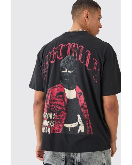 BoohooMAN Black Oversized Extended Neck Mask Print T-shirt for men