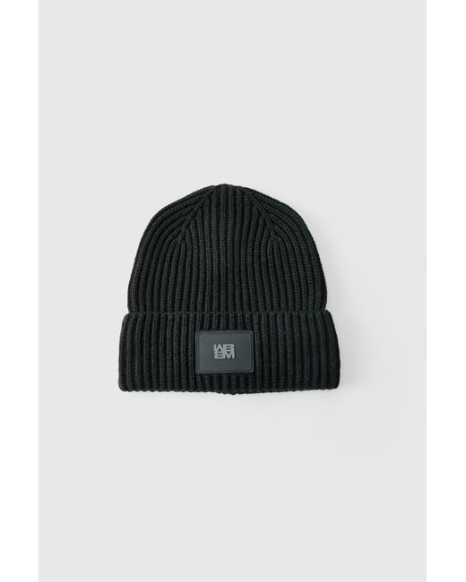 BoohooMAN Black Knitted Pu Plaque Beanie for men