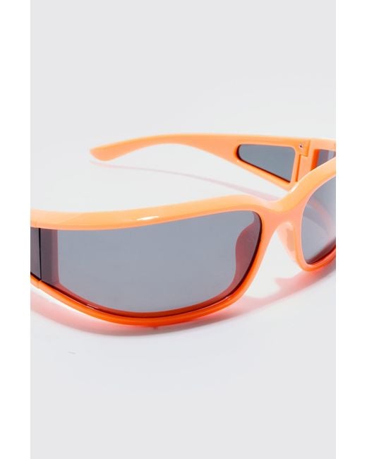 BoohooMAN White Wrap Around Rectangle Sunglasses In Orange for men