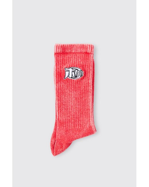 Boohoo Acid Wash Embroidered Socks In Red
