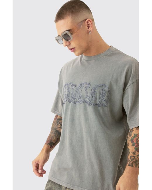 BoohooMAN Gray Oversized Acid Wash Official Embroidered Distressed T-shirt for men