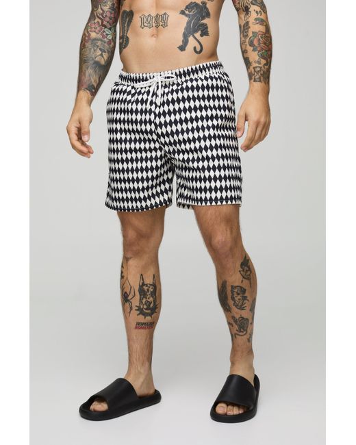 Boohoo Black Mid Length Flanneler Print Swim Short