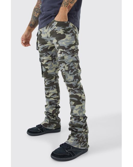 BoohooMAN Black Skinny Stacked Flare Gusset Camo Cargo Trouser for men