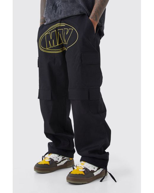 BoohooMAN Black Relaxed Ripstop Multi Cargo Man Print Trouser for men