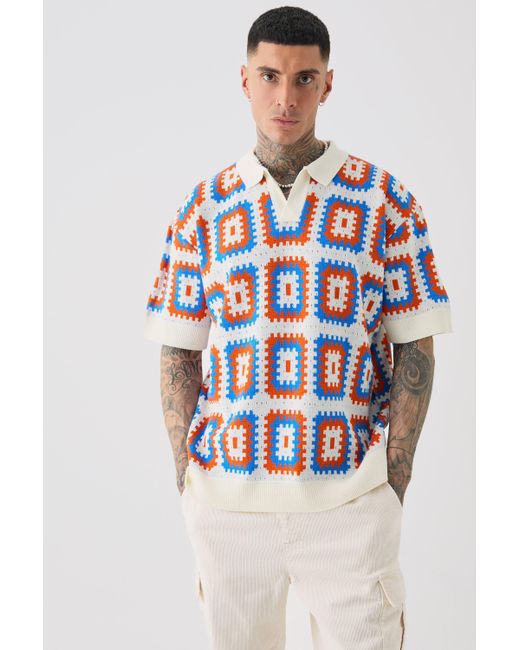BoohooMAN Orange Tall Oversized Revere Crochet Polo for men