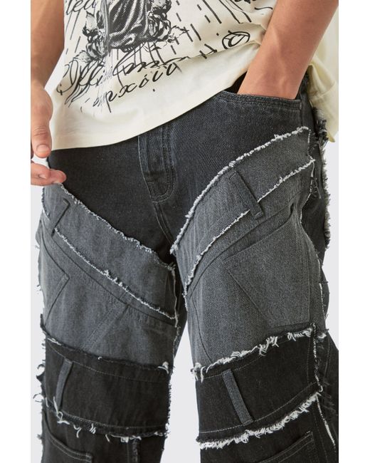 BoohooMAN Gray Baggy Rigid Patchwork Waistband Detail Jean In Black for men
