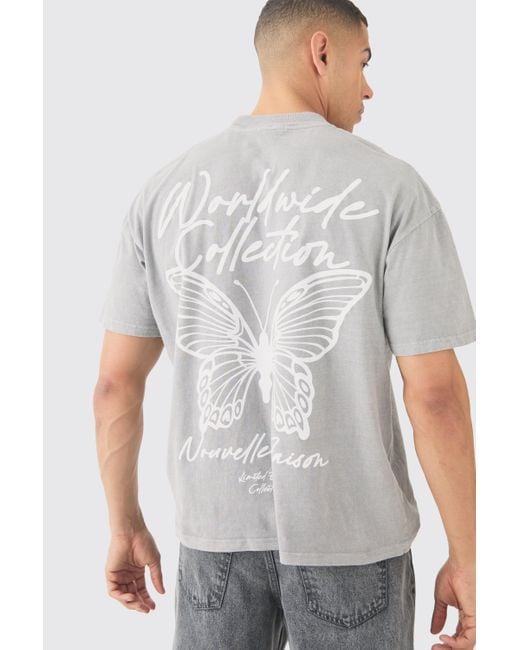 BoohooMAN Oversized Butterfly Graphic Washed T-shirt in Gray für Herren