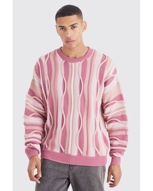BoohooMAN Pink Oversized 3d Jacquard Knitted Jumper for men