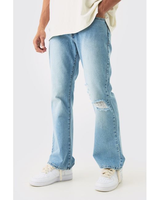 BoohooMAN Blue Relaxed Flare Rigid Knee Rip Tinted Denim Jean for men