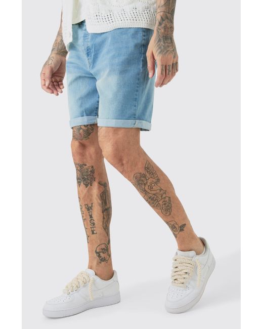 Boohoo Blue Tall Stretch Denim Slim Fit Shorts In Light Wash