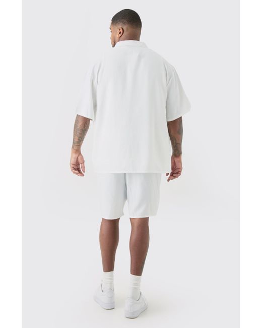 BoohooMAN Plus Short Sleeve Drop Revere Linen Shirt & Short Set In White for men