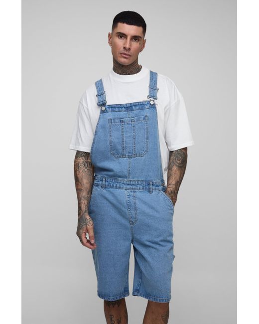 BoohooMAN Tall lockere kurze Latzhose in Blue für Herren