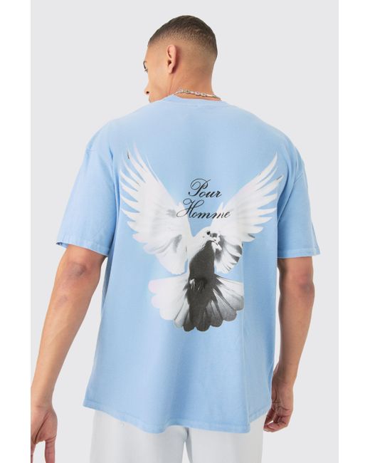 BoohooMAN Blue Oversized Extended Neck Dove Washed Back Print T-shirt for men