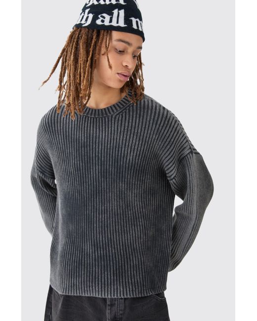 BoohooMAN Gray Oversized Boxy Acid Wash Sweater In Charcoal for men