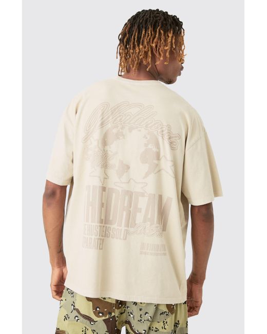 BoohooMAN Natural Tall Oversized Dream Worldwide Print T-shirt In Sand for men