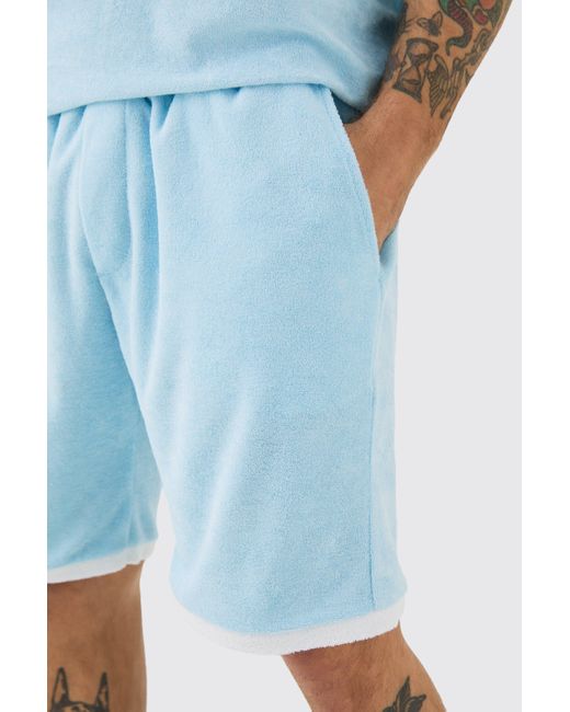 BoohooMAN Blue Relaxed Fit Mid Contrast Towelling Shorts for men