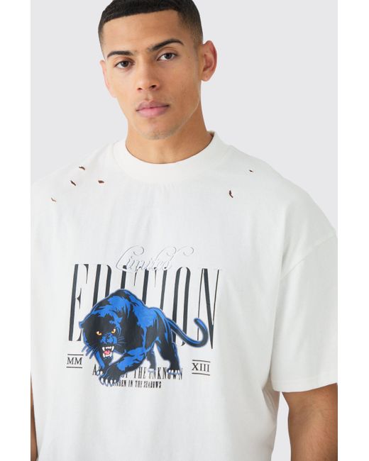 BoohooMAN White Oversized Panther Limited Edition T-shirt for men