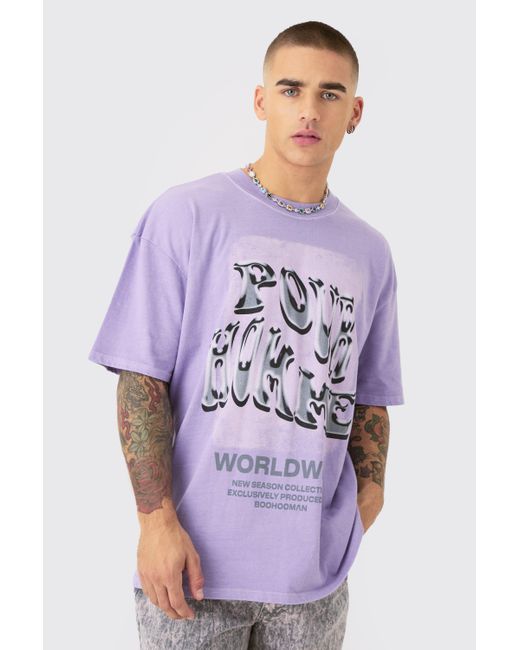 BoohooMAN Purple Oversized Washed Text Print T-shirt for men