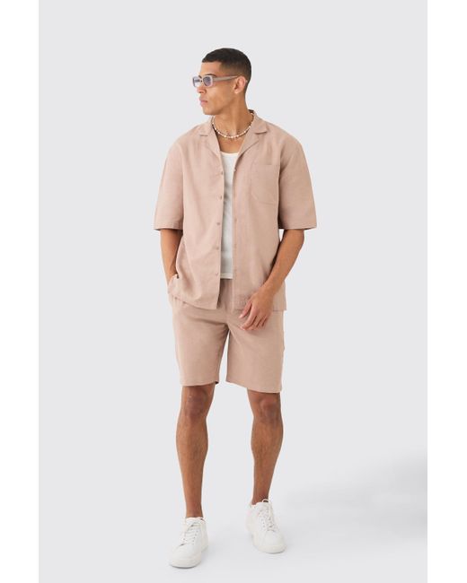BoohooMAN Linen Pocket Detail Shirt & Short Set in Natural für Herren