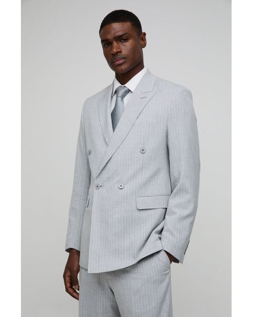 BoohooMAN Gray Oversized Pinstripe Double Breasted Suit Jacket for men