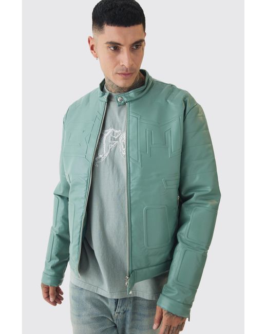 BoohooMAN Green Tall Boxy Bhm Pu Collarless Moto Biker Jacket for men