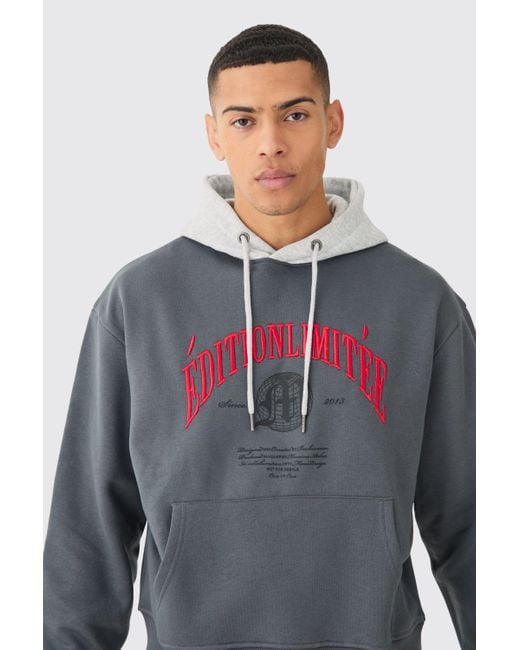 BoohooMAN Gray Oversized Boxy 3d Embroidered Edition Hoodie for men